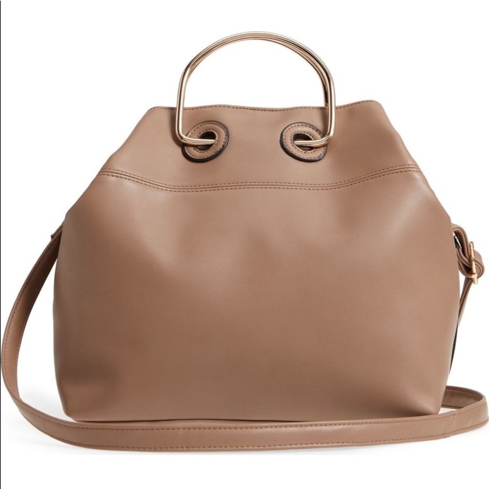 Metal Handle Faux Leather Tote Bag